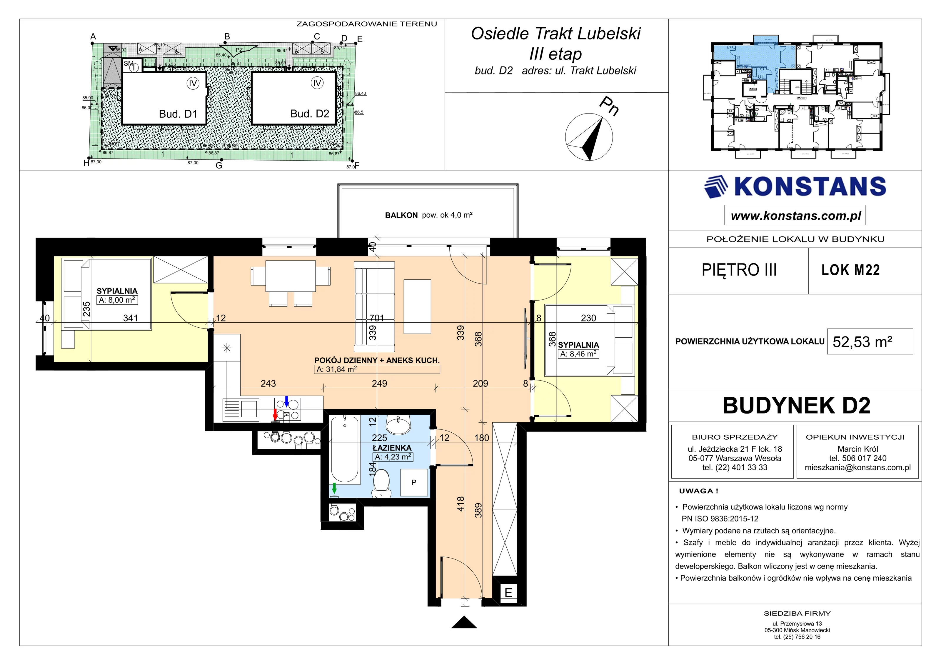 3 pokoje, mieszkanie 52,53 m², piętro 3, oferta nr D2.22, Trakt Lubelski Etap III, Warszawa, Wawer, Zbytki, ul. Trakt Lubelski 181C/181D